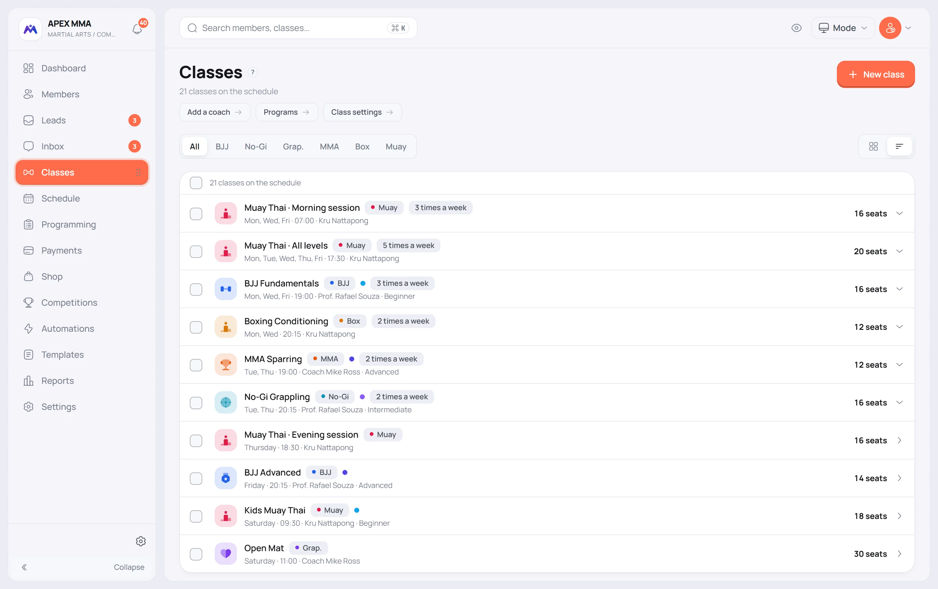 One class, one line per time slot